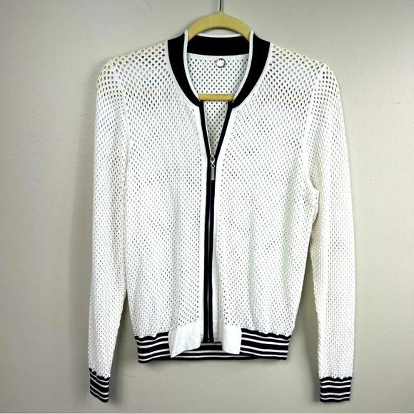 MARGARET O'Leary long sleeve zipped up nautical style see through top sweater - Picture 1 of 8